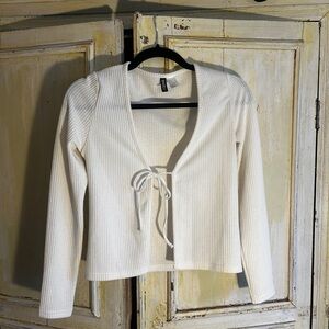 Divided White Ribbed Tie-Front Cardigan